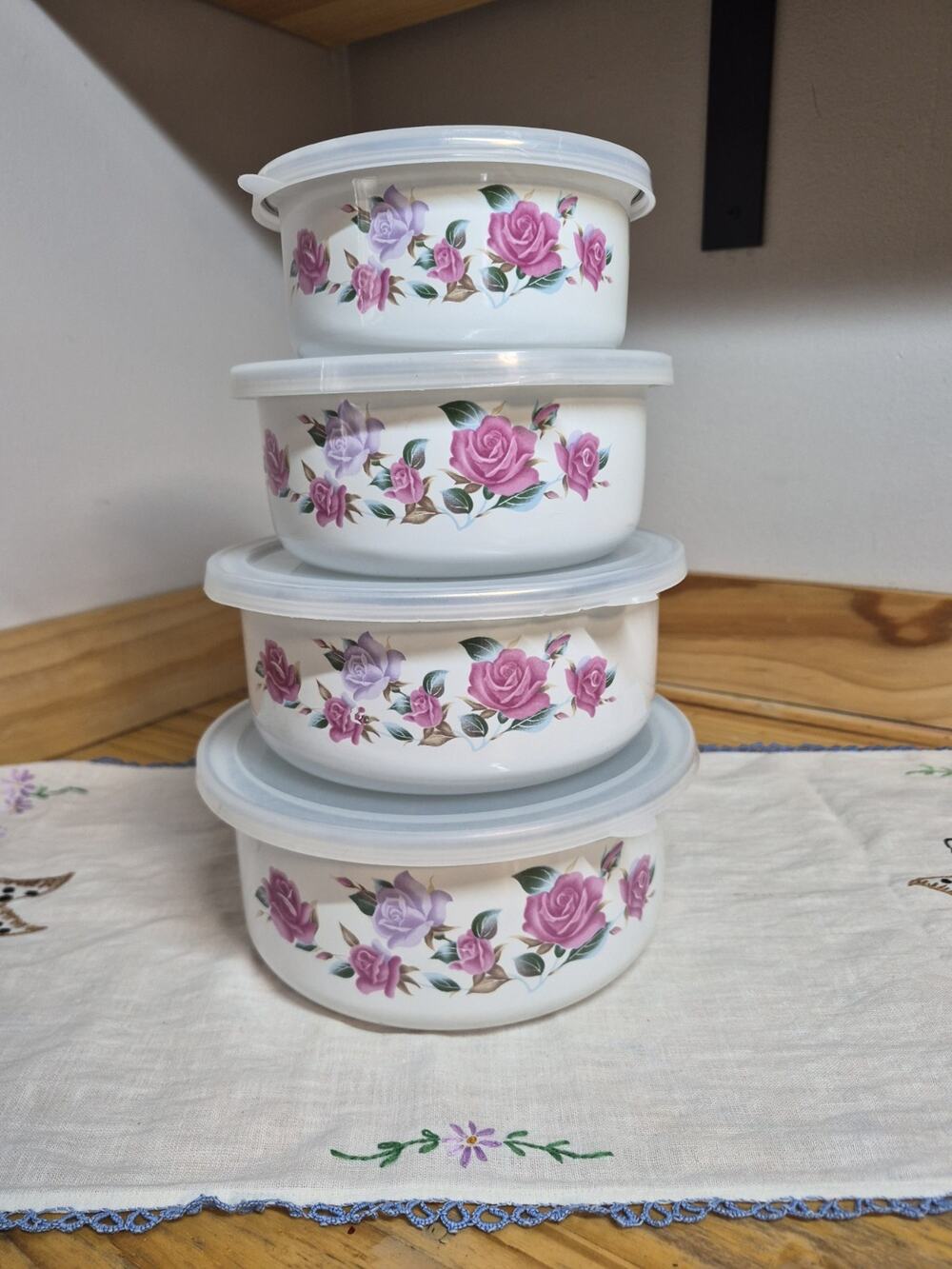 Vintage Stainless Enamel Nesting Bowls White with Pink Rose Pattern
